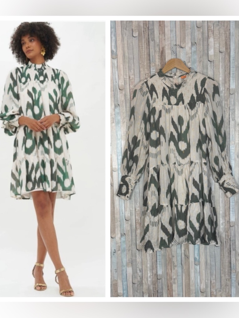 Oliphant XS Smocked Mock Neck Tiered Mini Dress Balloon Sleeve Boho Chitka Print